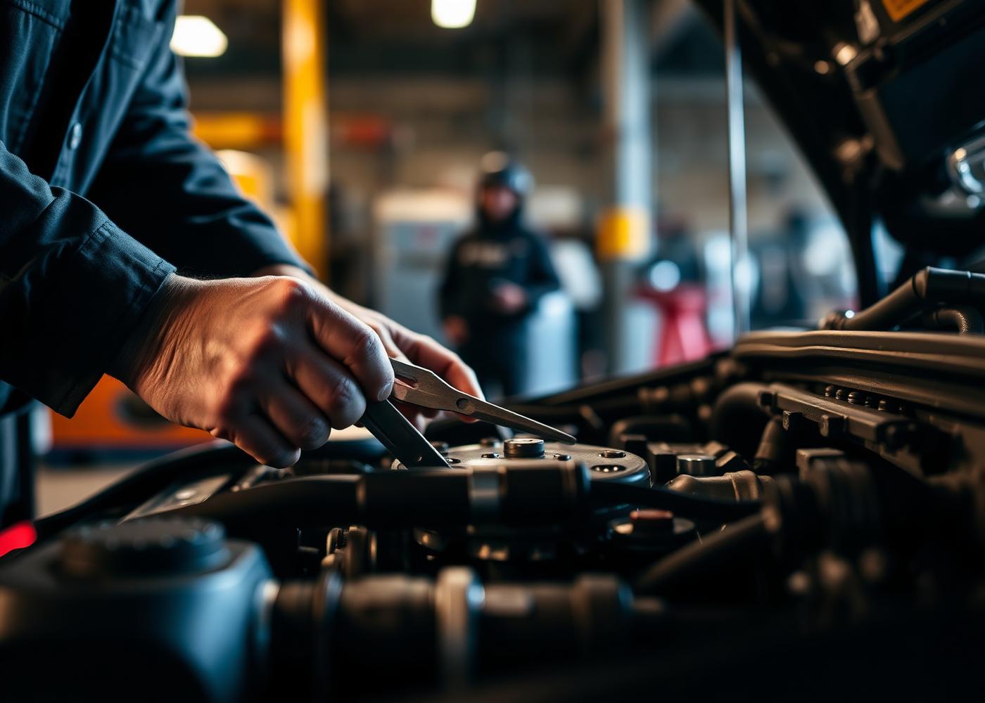 Mechanic hands working on engine at ALL-IN-ONE Automotive